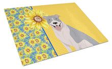Load image into Gallery viewer, Summer Sunflowers Blue and White Pit Bull Terrier Glass Cutting Boards – Durable, Decorative Kitchen Art Large