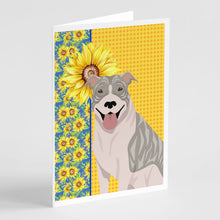 Load image into Gallery viewer, Summer Sunflowers Blue Brindle Pit Bull Terrier Greeting Cards -  Blank Note Cards – 8-Pack of Artist-Designed Cards with Envelopes