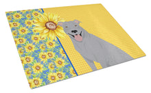 Load image into Gallery viewer, Summer Sunflowers Blue Pit Bull Terrier Glass Cutting Boards – Durable, Decorative Kitchen Art Large
