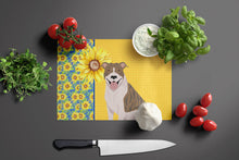 Load image into Gallery viewer, Summer Sunflowers Fawn Brindle Pit Bull Terrier Glass Cutting Boards – Durable, Decorative Kitchen Art Large