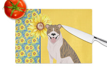Load image into Gallery viewer, Summer Sunflowers Fawn Brindle Pit Bull Terrier Glass Cutting Boards – Durable, Decorative Kitchen Art Large