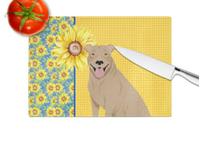 Load image into Gallery viewer, Summer Sunflowers Fawn Pit Bull Terrier Glass Cutting Boards – Durable, Decorative Kitchen Art Large
