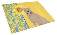 Load image into Gallery viewer, Summer Sunflowers Fawn Pit Bull Terrier Glass Cutting Boards – Durable, Decorative Kitchen Art Large