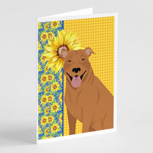 Load image into Gallery viewer, Summer Sunflowers Red Pit Bull Terrier Greeting Cards -  Blank Note Cards – 8-Pack of Artist-Designed Cards with Envelopes