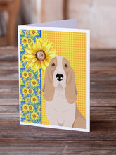 Load image into Gallery viewer, Summer Sunflowers Lemon and White Tricolor Basset Hound Greeting Cards -  Blank Note Cards – 8-Pack of Artist-Designed Cards with Envelopes