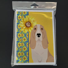 Load image into Gallery viewer, Summer Sunflowers Lemon and White Tricolor Basset Hound Greeting Cards -  Blank Note Cards – 8-Pack of Artist-Designed Cards with Envelopes