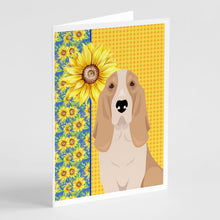 Load image into Gallery viewer, Summer Sunflowers Lemon and White Tricolor Basset Hound Greeting Cards -  Blank Note Cards – 8-Pack of Artist-Designed Cards with Envelopes