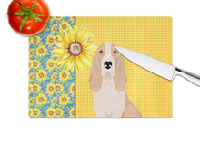 Load image into Gallery viewer, Summer Sunflowers Lemon and White Tricolor Basset Hound Glass Cutting Boards – Durable, Decorative Kitchen Art Large