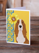 Load image into Gallery viewer, Summer Sunflowers Red and White Tricolor Basset Hound Greeting Cards -  Blank Note Cards – 8-Pack of Artist-Designed Cards with Envelopes