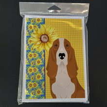 Load image into Gallery viewer, Summer Sunflowers Red and White Tricolor Basset Hound Greeting Cards -  Blank Note Cards – 8-Pack of Artist-Designed Cards with Envelopes