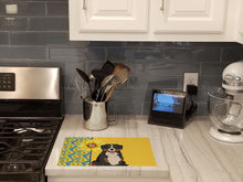 Load image into Gallery viewer, Summer Sunflowers Bernese Mountain Dog Glass Cutting Boards – Durable, Decorative Kitchen Art Large