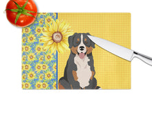 Load image into Gallery viewer, Summer Sunflowers Bernese Mountain Dog Glass Cutting Boards – Durable, Decorative Kitchen Art Large