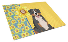 Load image into Gallery viewer, Summer Sunflowers Bernese Mountain Dog Glass Cutting Boards – Durable, Decorative Kitchen Art Large