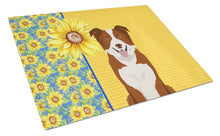 Load image into Gallery viewer, Summer Sunflowers Red and White Border Collie Glass Cutting Boards – Durable, Decorative Kitchen Art Large