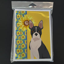 Load image into Gallery viewer, Summer Sunflowers Black Boston Terrier Greeting Cards -  Blank Note Cards – 8-Pack of Artist-Designed Cards with Envelopes