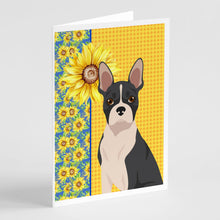 Load image into Gallery viewer, Summer Sunflowers Black Boston Terrier Greeting Cards -  Blank Note Cards – 8-Pack of Artist-Designed Cards with Envelopes