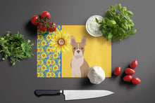 Load image into Gallery viewer, Summer Sunflowers Fawn Boston Terrier Glass Cutting Boards – Durable, Decorative Kitchen Art Large