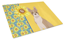 Load image into Gallery viewer, Summer Sunflowers Fawn Boston Terrier Glass Cutting Boards – Durable, Decorative Kitchen Art Large