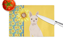 Load image into Gallery viewer, Summer Sunflowers White Boston Terrier Glass Cutting Boards – Durable, Decorative Kitchen Art Large