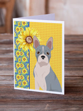 Load image into Gallery viewer, Summer Sunflowers Blue Boston Terrier Greeting Cards -  Blank Note Cards – 8-Pack of Artist-Designed Cards with Envelopes