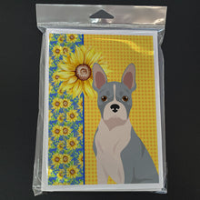Load image into Gallery viewer, Summer Sunflowers Blue Boston Terrier Greeting Cards -  Blank Note Cards – 8-Pack of Artist-Designed Cards with Envelopes