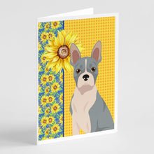 Load image into Gallery viewer, Summer Sunflowers Blue Boston Terrier Greeting Cards -  Blank Note Cards – 8-Pack of Artist-Designed Cards with Envelopes