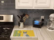 Load image into Gallery viewer, Summer Sunflowers Blue Boston Terrier Glass Cutting Boards – Durable, Decorative Kitchen Art Large