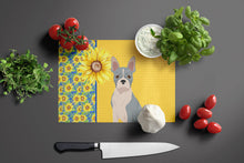 Load image into Gallery viewer, Summer Sunflowers Blue Boston Terrier Glass Cutting Boards – Durable, Decorative Kitchen Art Large