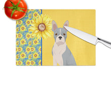 Load image into Gallery viewer, Summer Sunflowers Blue Boston Terrier Glass Cutting Boards – Durable, Decorative Kitchen Art Large