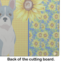 Load image into Gallery viewer, Summer Sunflowers Blue Boston Terrier Glass Cutting Boards – Durable, Decorative Kitchen Art Large