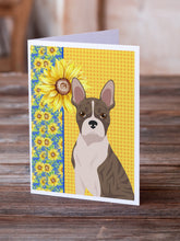 Load image into Gallery viewer, Summer Sunflowers Brindle Boston Terrier Greeting Cards -  Blank Note Cards – 8-Pack of Artist-Designed Cards with Envelopes