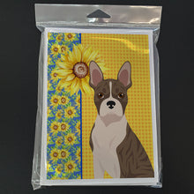 Load image into Gallery viewer, Summer Sunflowers Brindle Boston Terrier Greeting Cards -  Blank Note Cards – 8-Pack of Artist-Designed Cards with Envelopes