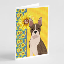 Load image into Gallery viewer, Summer Sunflowers Brindle Boston Terrier Greeting Cards -  Blank Note Cards – 8-Pack of Artist-Designed Cards with Envelopes
