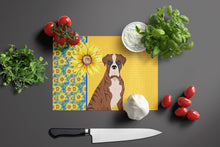 Load image into Gallery viewer, Summer Sunflowers Natural Eared Red Brindle Boxer Glass Cutting Boards – Durable, Decorative Kitchen Art Large