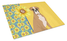Load image into Gallery viewer, Summer Sunflowers Natural Eared Fawn Boxer Glass Cutting Boards – Durable, Decorative Kitchen Art Large