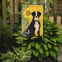 Load image into Gallery viewer, Summer Sunflowers Natural Eared Black Boxer Garden Flag – Decorative Outdoor Yard Flag