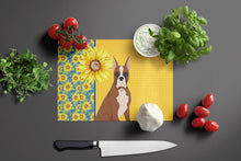 Load image into Gallery viewer, Summer Sunflowers Red Fawn Boxer Glass Cutting Boards – Durable, Decorative Kitchen Art Large