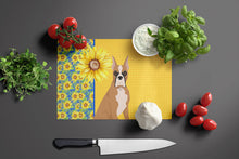 Load image into Gallery viewer, Summer Sunflowers Fawn Boxer Glass Cutting Boards – Durable, Decorative Kitchen Art Large
