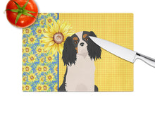 Load image into Gallery viewer, Summer Sunflowers Tricolor Cavalier Spaniel Glass Cutting Boards – Durable, Decorative Kitchen Art Large