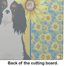 Load image into Gallery viewer, Summer Sunflowers Tricolor Cavalier Spaniel Glass Cutting Boards – Durable, Decorative Kitchen Art Large