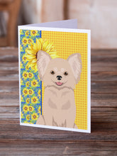 Load image into Gallery viewer, Summer Sunflowers Longhaired Cream Chihuahua Greeting Cards -  Blank Note Cards – 8-Pack of Artist-Designed Cards with Envelopes