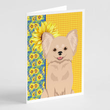 Load image into Gallery viewer, Summer Sunflowers Longhaired Cream Chihuahua Greeting Cards -  Blank Note Cards – 8-Pack of Artist-Designed Cards with Envelopes