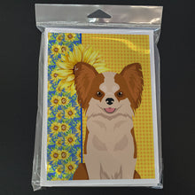 Load image into Gallery viewer, Summer Sunflowers Longhaired Red and White Chihuahua Greeting Cards -  Blank Note Cards – 8-Pack of Artist-Designed Cards with Envelopes