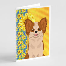 Load image into Gallery viewer, Summer Sunflowers Longhaired Red and White Chihuahua Greeting Cards -  Blank Note Cards – 8-Pack of Artist-Designed Cards with Envelopes