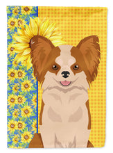 Load image into Gallery viewer, Summer Sunflowers Longhaired Red and White Chihuahua Garden Flag – Decorative Outdoor Yard Flag