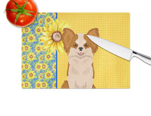 Load image into Gallery viewer, Summer Sunflowers Longhaired Red and White Chihuahua Glass Cutting Boards – Durable, Decorative Kitchen Art Large