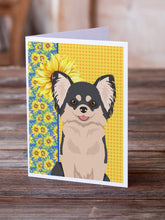 Load image into Gallery viewer, Summer Sunflowers Longhaired Black and White Chihuahua Greeting Cards -  Blank Note Cards – 8-Pack of Artist-Designed Cards with Envelopes