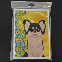 Load image into Gallery viewer, Summer Sunflowers Longhaired Black and White Chihuahua Greeting Cards -  Blank Note Cards – 8-Pack of Artist-Designed Cards with Envelopes