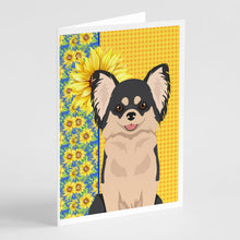 Load image into Gallery viewer, Summer Sunflowers Longhaired Black and White Chihuahua Greeting Cards -  Blank Note Cards – 8-Pack of Artist-Designed Cards with Envelopes