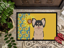Load image into Gallery viewer, Summer Sunflowers Longhaired Black and White Chihuahua Doormat - 24x36 Decorative Floor Mat – Indoor/Outdoor Rug with Artistic Flair